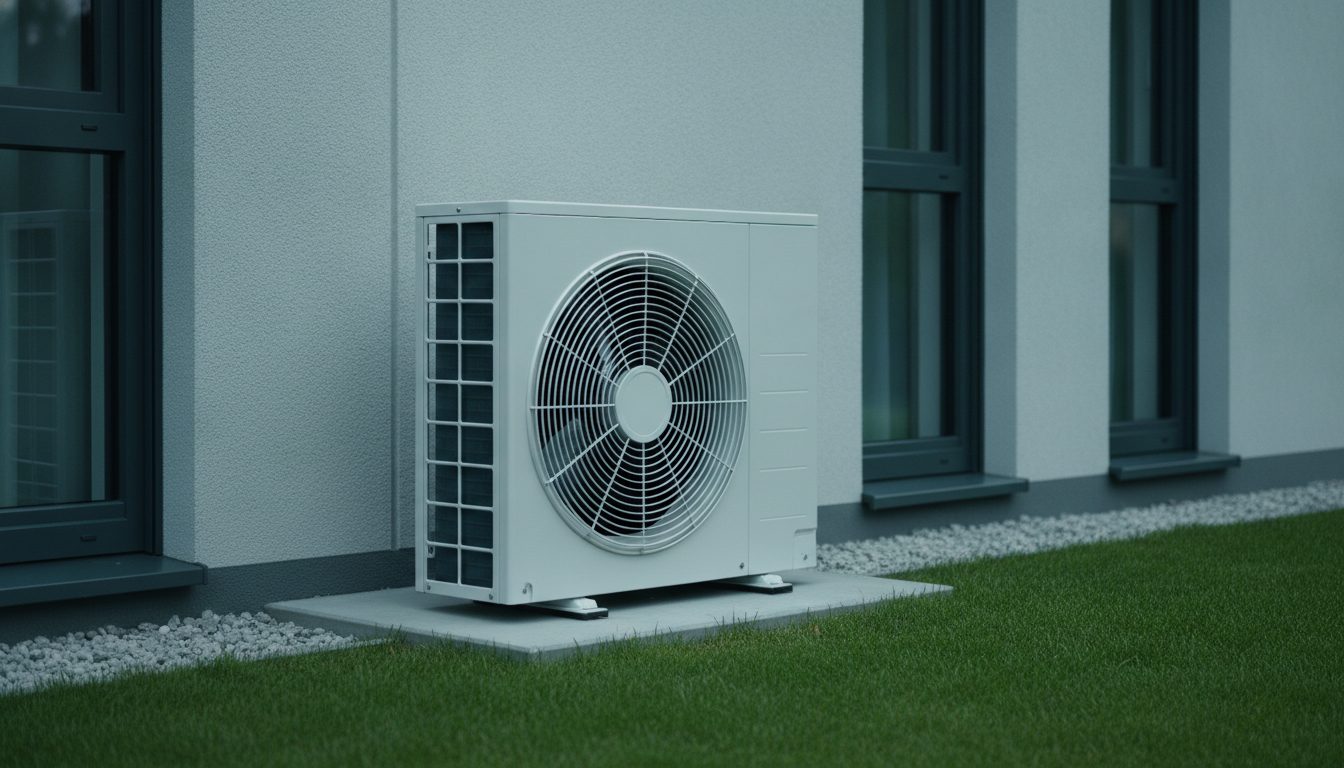 Außengerät einer Wärmepumpe an einem Wohnhaus